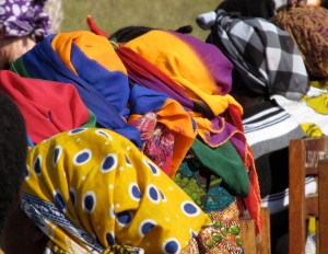A view of the mamas' head scarves.  One of my favorite things about Tanzania is that everyone wears bright colors and they mix and match patterns.  It's such a boost on a blah day during the rainy season in the village.
